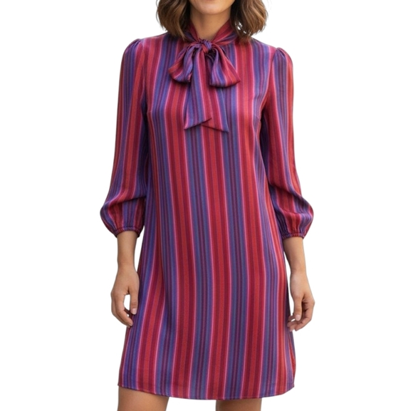Melissa Dresses & Skirts - Vintage Melissa Pussybow Necktie Midi Dress in Red and Purple Satin Stripe Sz 6